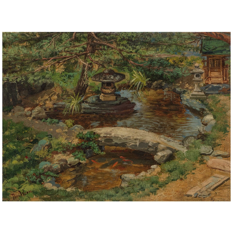 THEODORE WORES (1859-1939) Japanese Garden Scene 6 1/2 x 9 in.: THEODORE WORES (1859-1939) Japanese Garden Scene signed 'Theo. Wores.' (lower left) oil on panel 6 1/2 x 9 in. For further information on this lot please visit Bonhams.com For further information