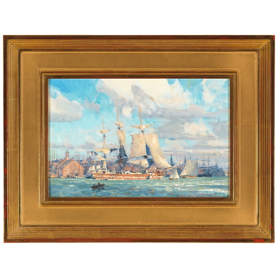 CHRISTOPHER BLOSSOM (BORN 1956) Ship Alert, Departing Boston, Thanksgiving 1834 8 x 12 in. - 3
