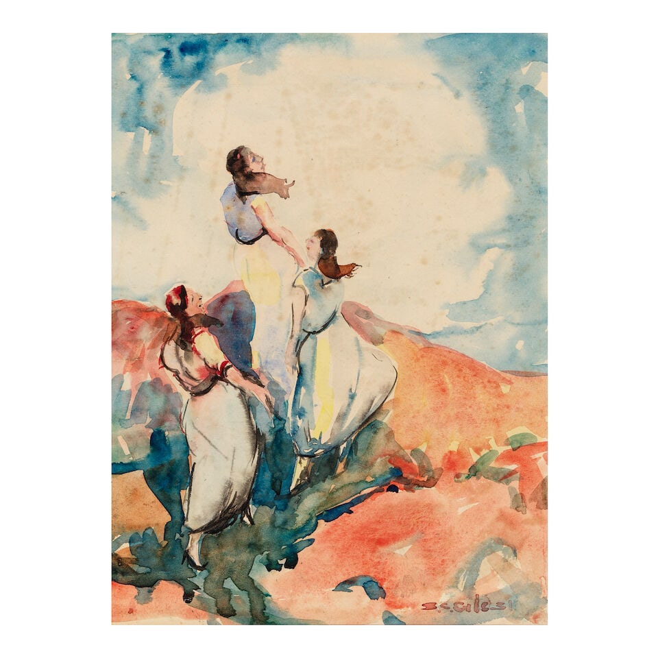 SELDEN CONNOR GILE (1877-1947) Three Women on a Hilltop and Washerwoman (a double-sided work) sh...: SELDEN CONNOR GILE (1877-1947) Three Women on a Hilltop and Washerwoman (a double-sided work) signed 'S.C. Gile 31' (lower right) and signed and dated again (on the reverse) watercolor on paper sheet 