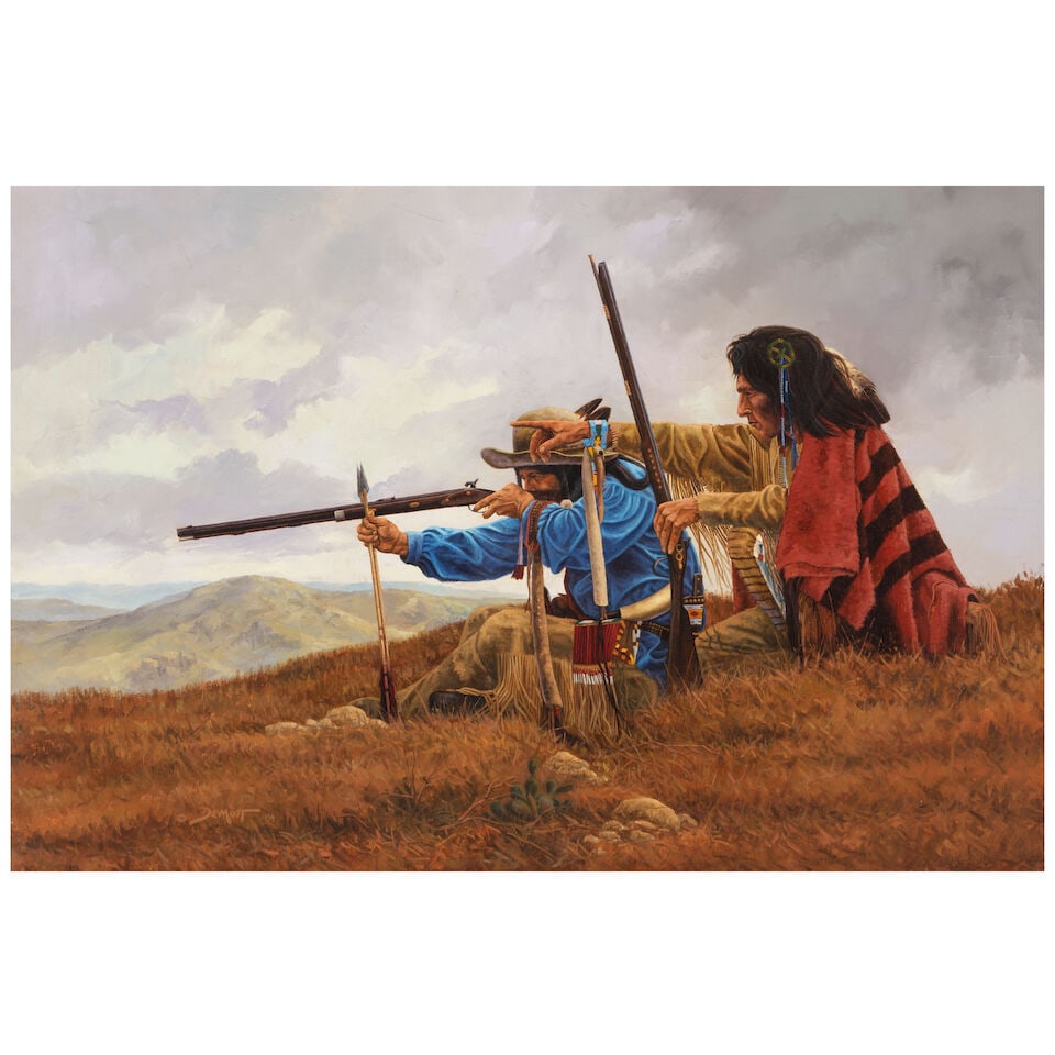 JOHN DEMOTT (BORN 1954) The Buffalo Hunters 24 x 36 in. (Painted in 1984.): JOHN DEMOTT (BORN 1954) The Buffalo Hunters signed and dated '© DeMott 84' (lower left) and titled and signed and dated again (on the reverse) oil on canvas 24 x 36 in. Painted in 1984. Footnotes