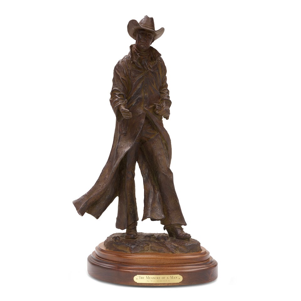 BILL NEBEKER (BORN 1942) The Measure of Man 22 in. high, on a 3 in. high wooden base: BILL NEBEKER (BORN 1942) The Measure of Man dated, inscribed and numbered '2012 / © / Bill Nebeker CA / 8/30' (on the base) and titled (on the presentation plaque) bronze with brown patina 22