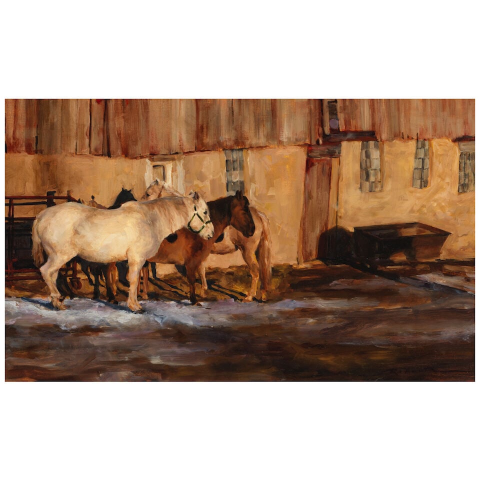 BONITA ROBERTS (born 1947) Dakota Barnyard in Early Spring 14 1/2 x 23 3/4 in.: BONITA ROBERTS (born 1947) Dakota Barnyard in Early Spring signed 'Roberts' (lower right) and titled on a label (affixed to the reverse) oil on linen laid to panel 14 1/2 x 23 3/4 in. Footnotes: Prove