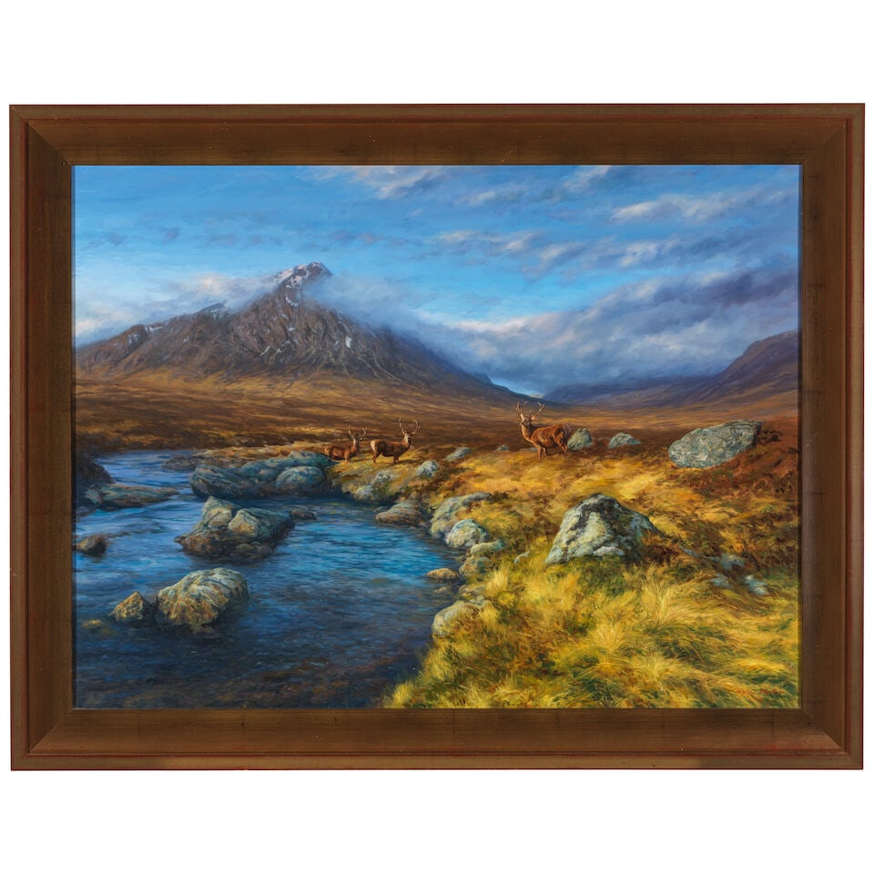 JOHN BLACK (20th Century) Landscape with Three Stags 30 x 40 in. (Painted in 2003.) - 3
