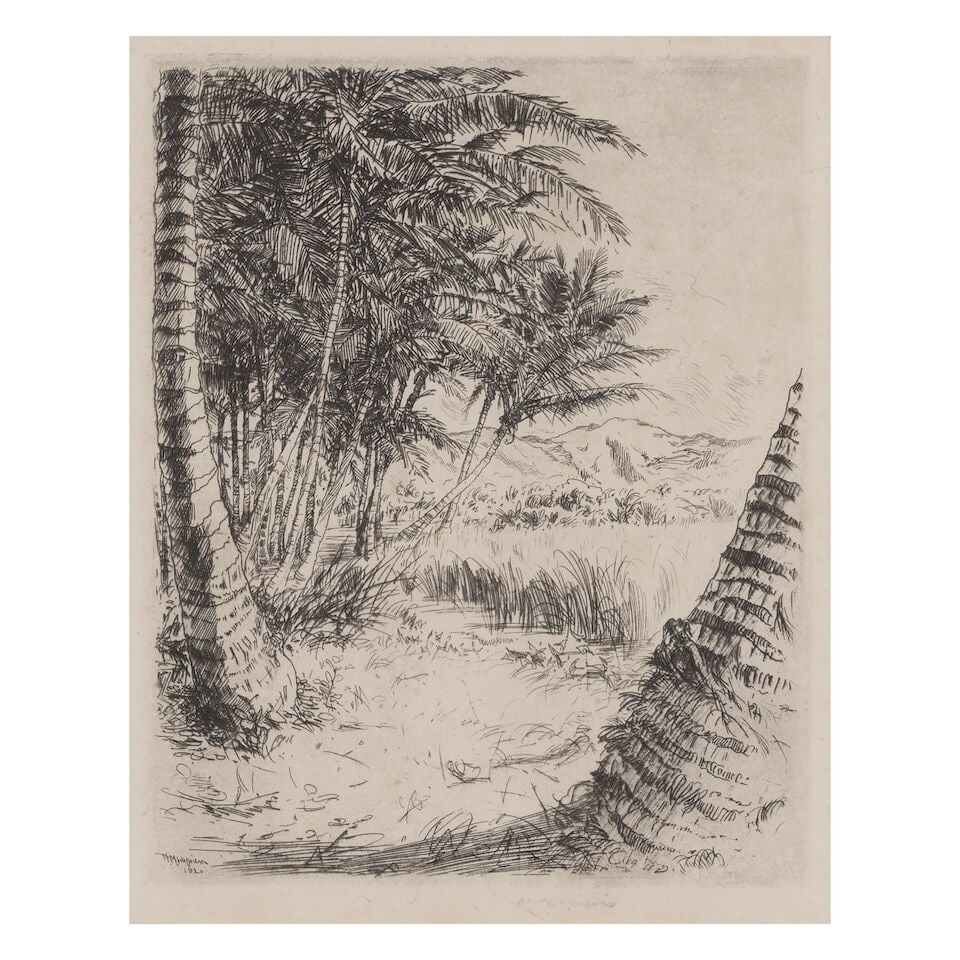 Huc-Mazelet Luquiens (1881-1961); Untitled (Coconut Palms);: Huc-Mazelet Luquiens (1881-1961) Untitled (Coconut Palms), 1920 Etching and drypoint on wove paper, faintly signed in pencil, with margins, framed. plate 9 5/8 x 7 7/8in (24.4 x
