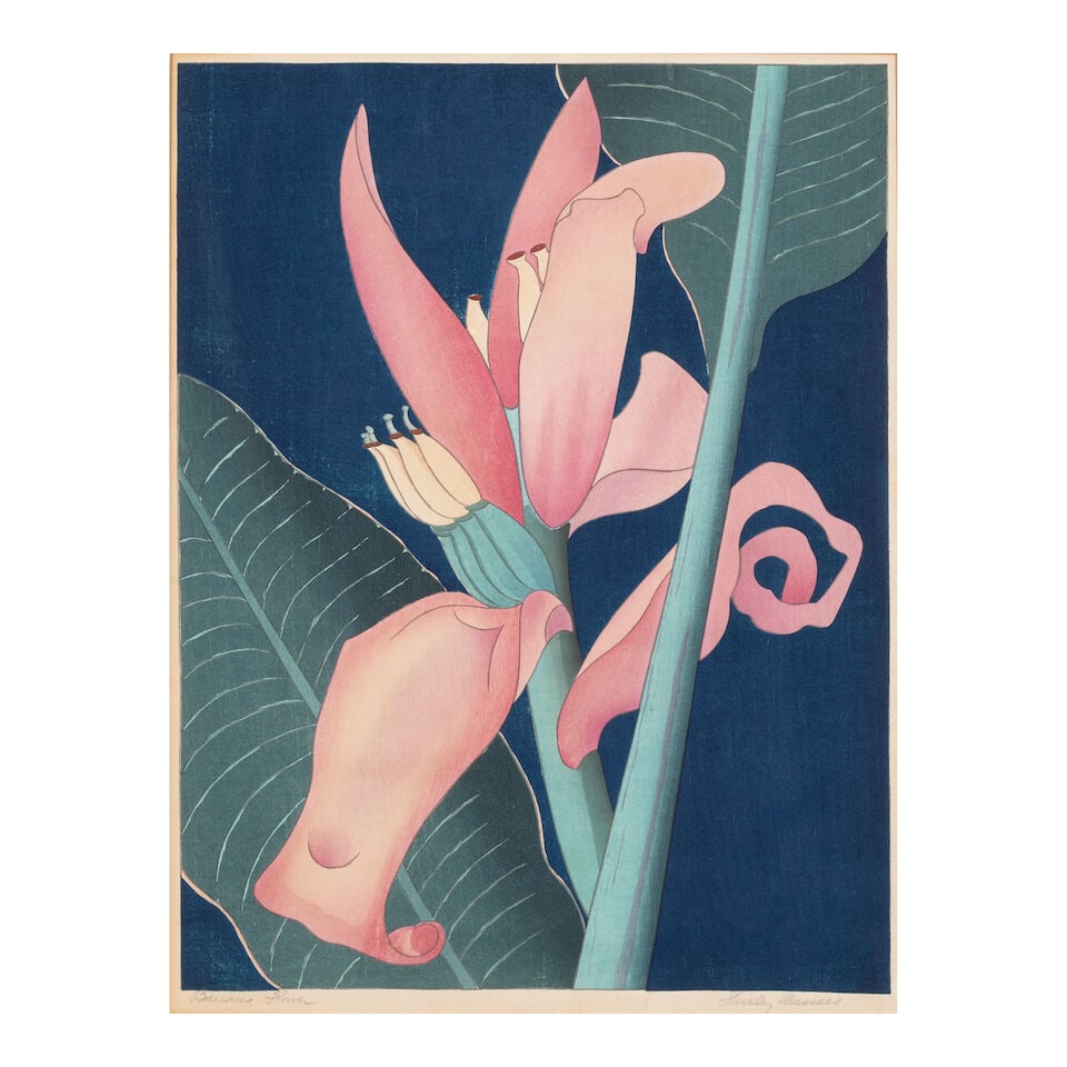 Shirley Ximena Hopper Russell (1886-1985); Banana Flower;: Shirley Ximena Hopper Russell (1886-1985) Banana Flower, c. 1935 Woodcut in colors on wove paper, signed in pencil and titled, from the edition of 100, published by Watanabe Shozaburo, with margins. s