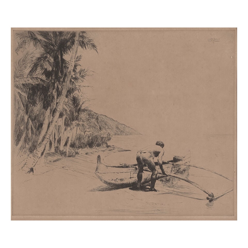 John Melville Kelly (1879-1962); Old Hawaii (Outrigger);: John Melville Kelly (1879-1962) Old Hawaii (Outrigger), 1937 Etching on wove paper, faintly signed in pencil and annotated 'Hawaii', with margins, framed. plate 9 7/8 x 11 7/8in (25.1 x 30.2cm) Footno
