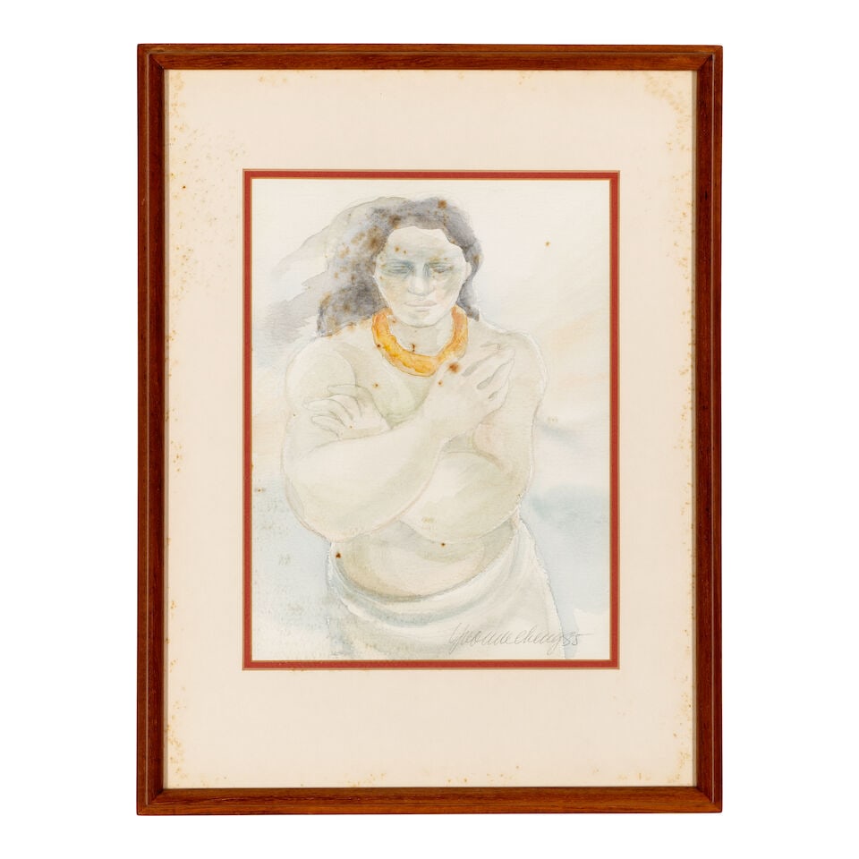 Yvonne Cheng (born 1941) Portrait of a Woman with Feather Lei sight 11 3/4 x 8 3/4 in. (Executed... - 3