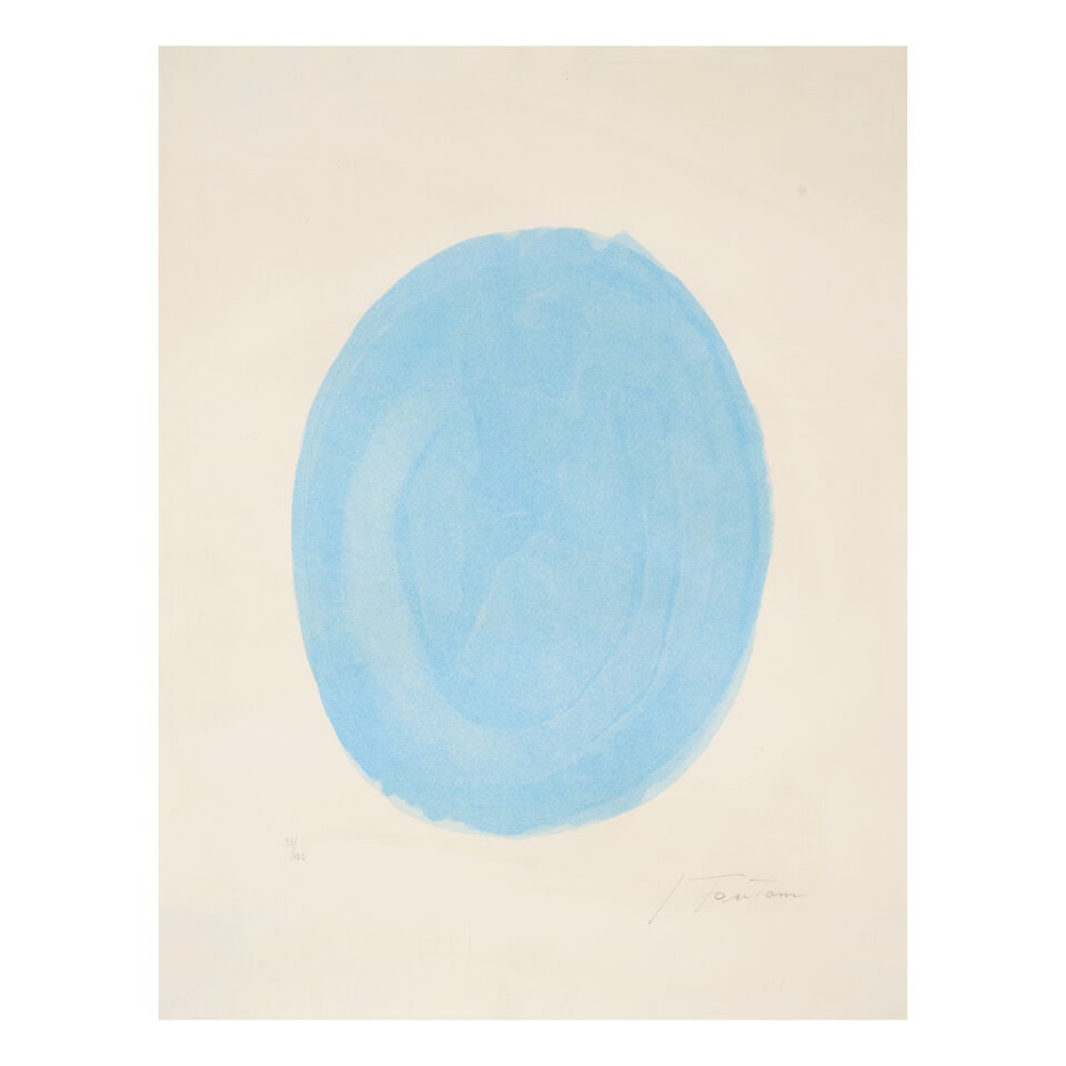 LUCIO FONTANA (1899-1968) Nudo Azzurro (Blue oval with nude), 1967 (Ruhé/Rigo, E-36) Eau-fo...: LUCIO FONTANA (1899-1968) Nudo Azzurro (Blue oval with nude), 1967 (Ruhé/Rigo, E-36) Eau-forte avec aquatinte, imprimée en bleu, avec gaufrage Signée et numérotée
