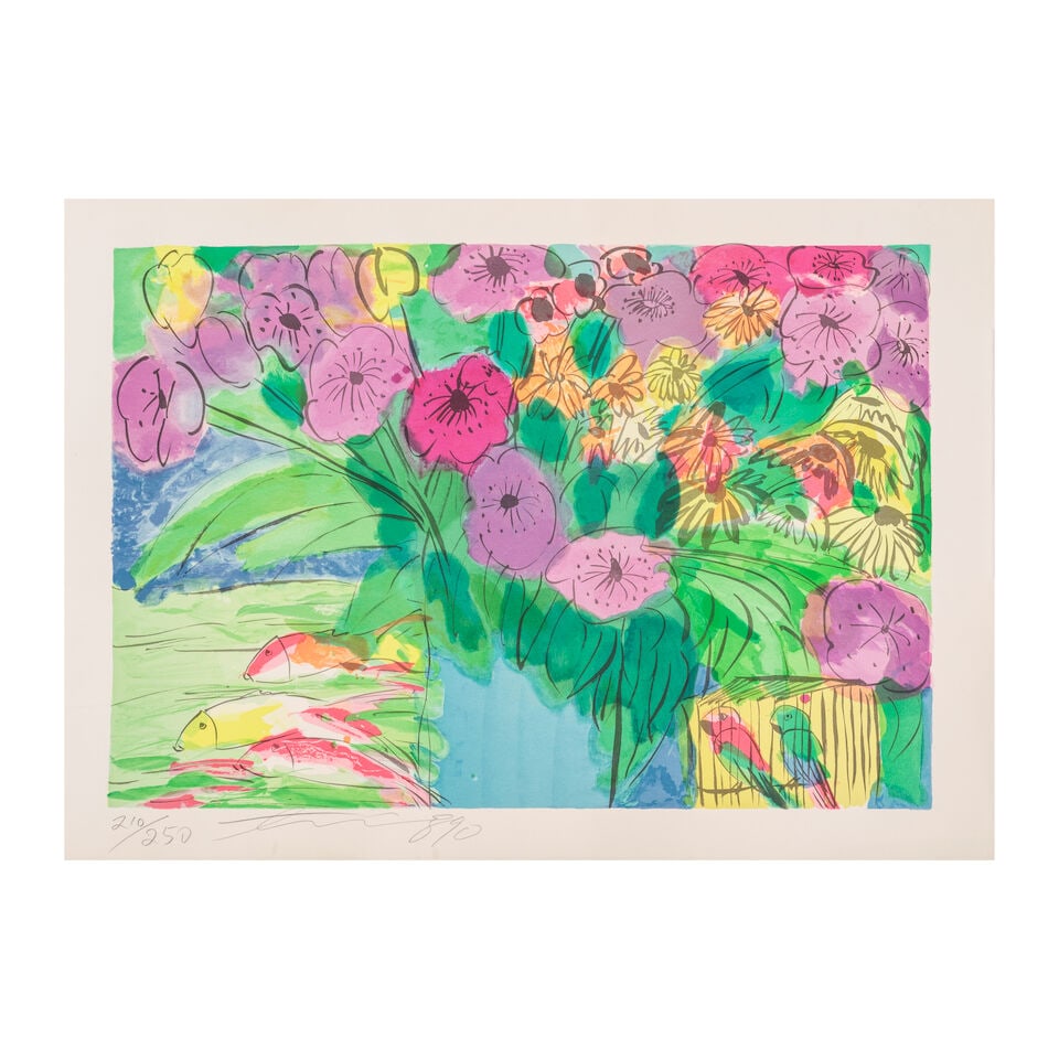 WALASSE TING (1929-2010) Fleurs, poissons et perroquets, 1990 Lithographie en couleurs Signé...: WALASSE TING (1929-2010) Fleurs, poissons et perroquets, 1990 Lithographie en couleurs Signée, datée et numérotée 210/250 71,8 x 101,8 cm Color lithograph, signed, dated and number