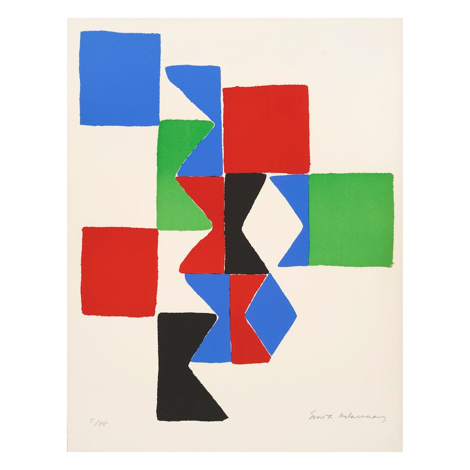 SONIA DELAUNAY (1885-1979) Hommage à Tzara, circa 1965 Lithographie en couleurs sur vé...: SONIA DELAUNAY (1885-1979) Hommage à Tzara, circa 1965 Lithographie en couleurs sur vélin d'Arches Signée et numérotée 5/75 65 × 50,2 cm Colour lithograph on Arches,