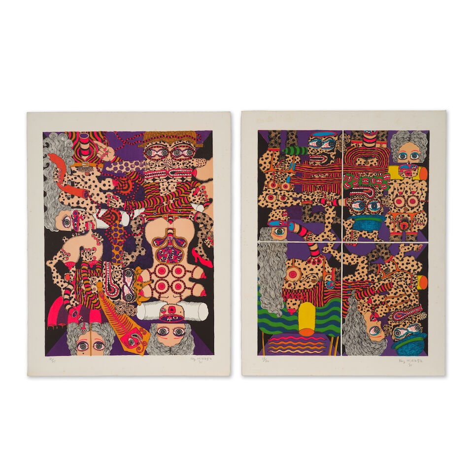KEY HIRAGA (1936-2000) Deux estampes, 1971 Ensemble de deux lithographies en couleurs sur vé...: KEY HIRAGA (1936-2000) Deux estampes, 1971 Ensemble de deux lithographies en couleurs sur vélin Signées, datées et numérotées 37/75 et 37/70 Imprimées par Michel