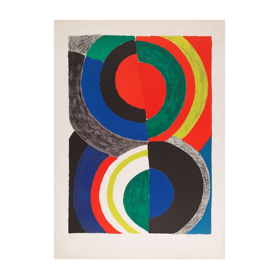 SONIA DELAUNAY (1885-1979) Idole, circa 1970 Lithographie en couleurs sur vélin d'ArchesSig...: SONIA DELAUNAY (1885-1979) Idole, circa 1970 Lithographie en couleurs sur vélin d'Arches Signée et numérotée 58/75 95 x 68,5 cm Colour lithograph, signed and numbered