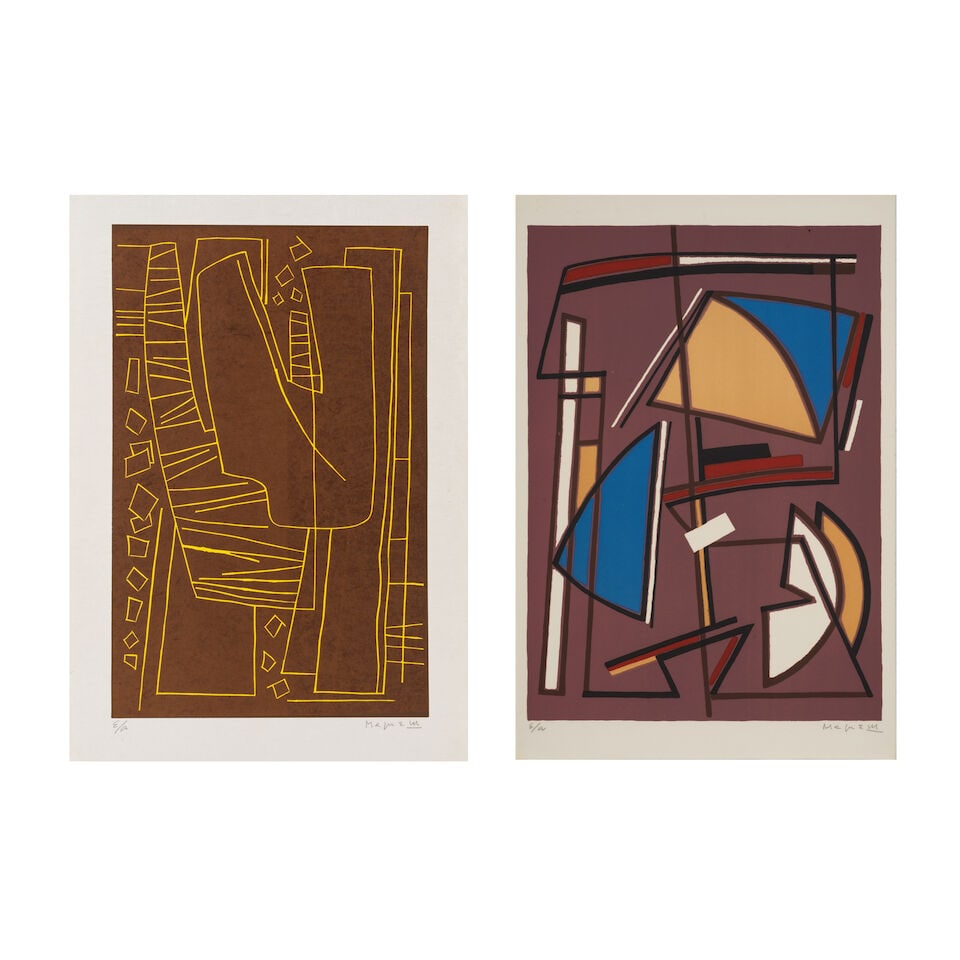 ALBERTO MAGNELLI (1888-1971) Album de la Ferrage - 1970, planche II et X, 1970 (Abadie, 51-2 et ...: ALBERTO MAGNELLI (1888-1971) Album de la Ferrage - 1970, planche II et X, 1970 (Abadie, 51-2 et 51-10) Linogravure en deux couleurs imprimée sur Japon nacré et lithographie en six couleurs
