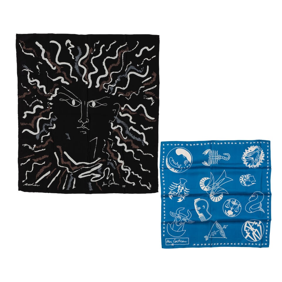 JEAN COCTEAU (1889-1963) Ensemble de deux foulards en soie Les signes du zodiaque, circa 1970Fou... (1 of 1)