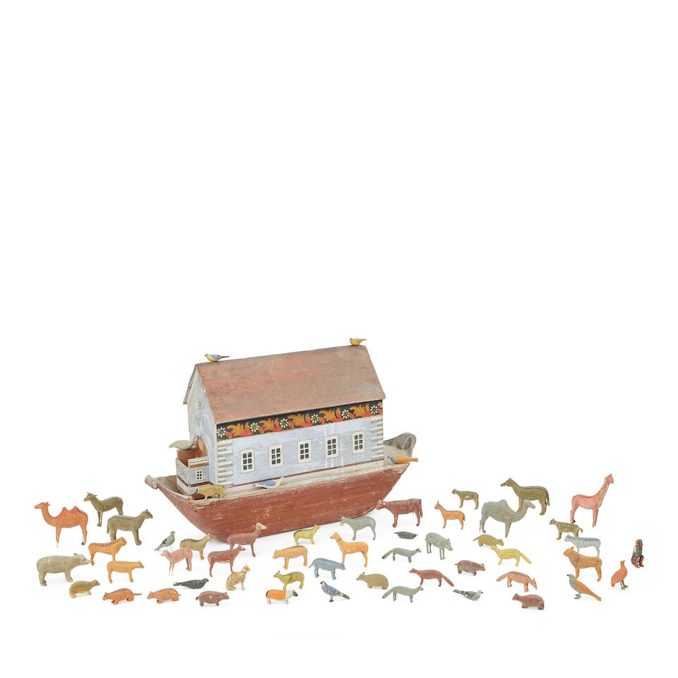 Folk Art: A German painted model of Noah's Ark and a large collection of accompanying carved and...: Folk Art: A German painted model of Noah's Ark and a large collection of accompanying carved and painted animals Late 19th century The painted ark of typical form, lacking back side panel, together
