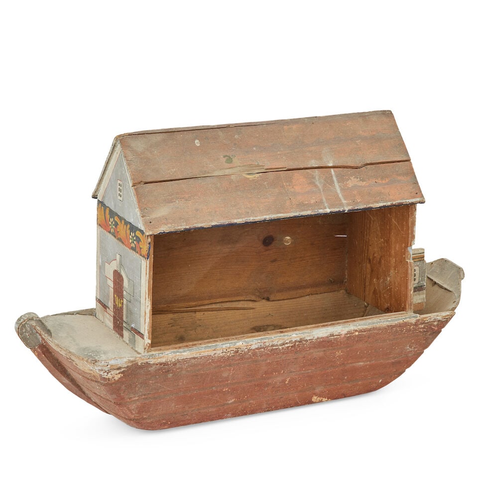 Folk Art: A German painted model of Noah's Ark and a large collection of accompanying carved and... - 2