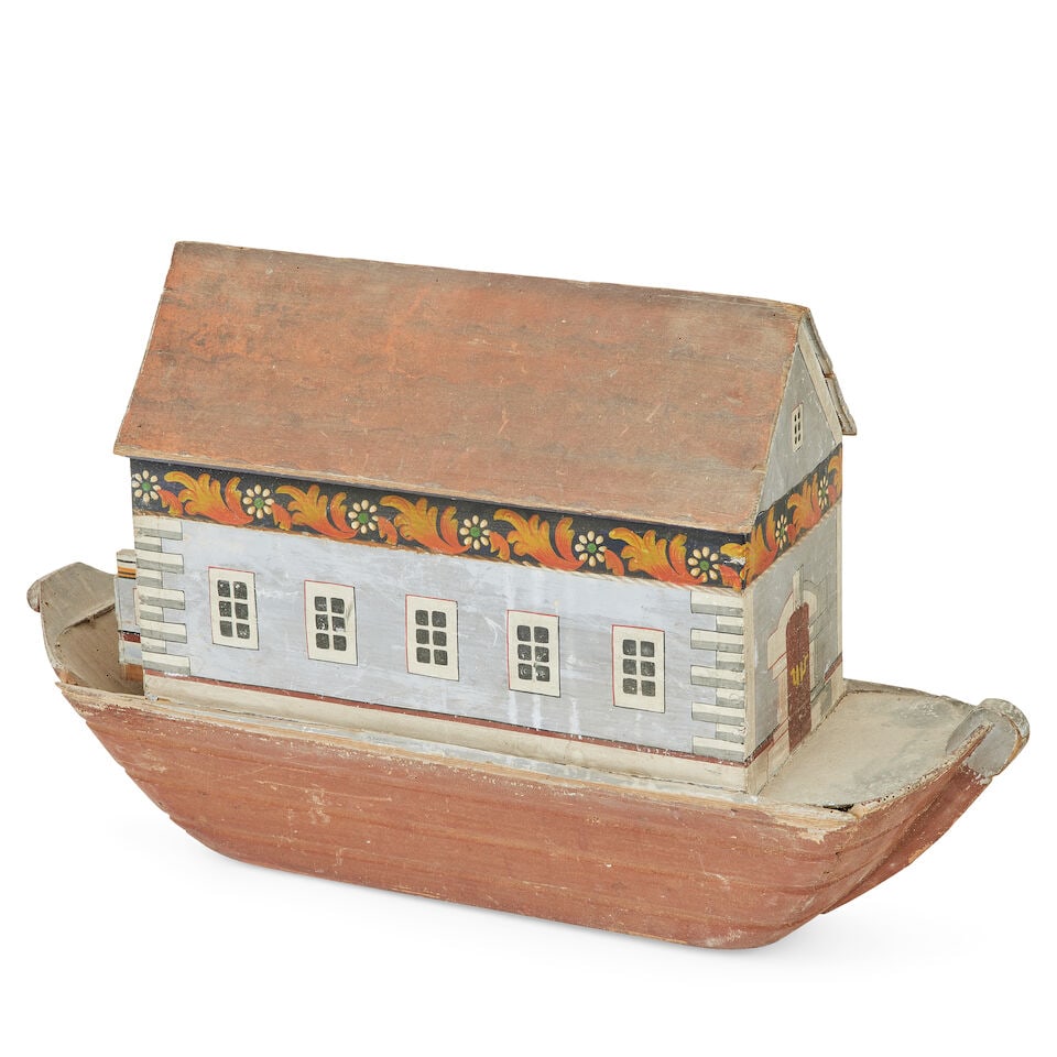 Folk Art: A German painted model of Noah's Ark and a large collection of accompanying carved and... - 3