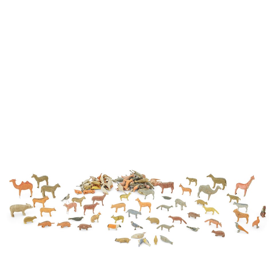Folk Art: A German painted model of Noah's Ark and a large collection of accompanying carved and... - 5