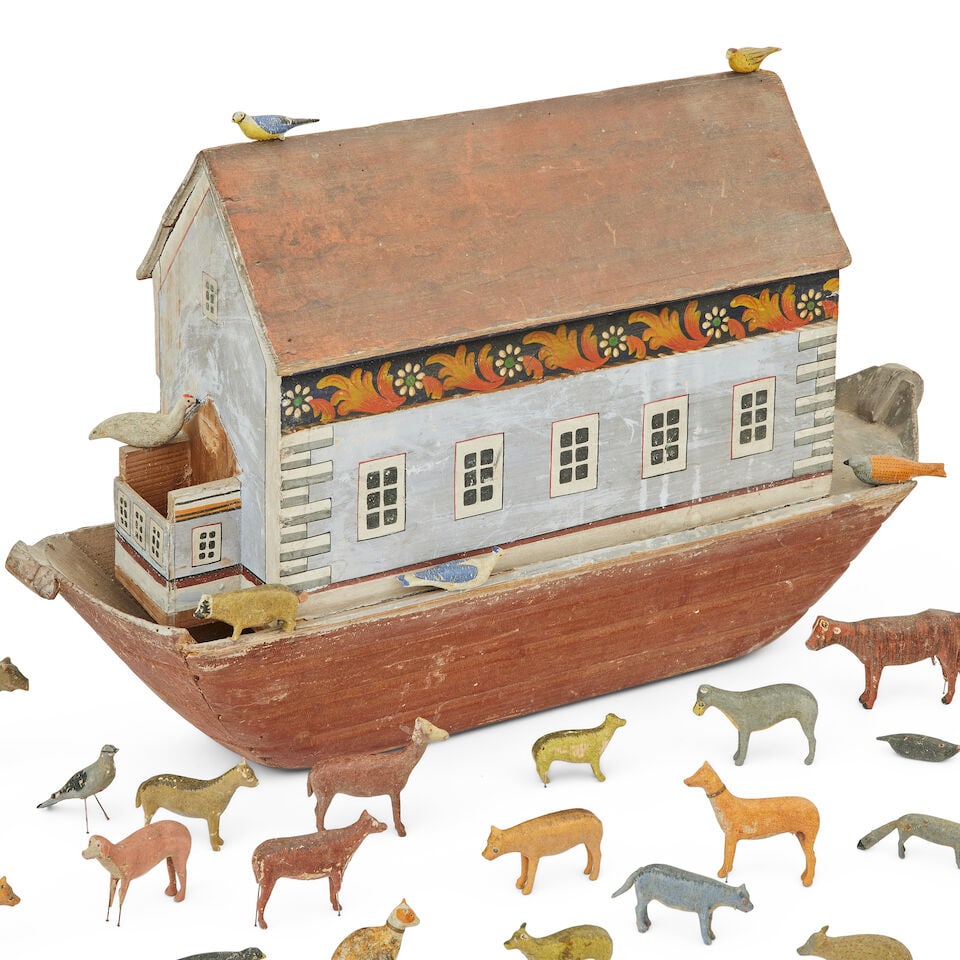 Folk Art: A German painted model of Noah's Ark and a large collection of accompanying carved and... - 6