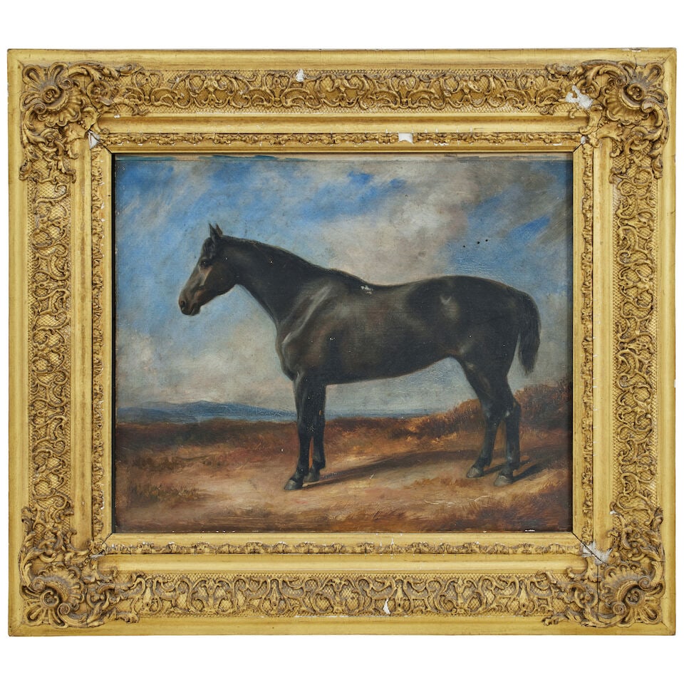 English School, (19th Century) Black horse in a landscape (in 19th century gilt composition frame) - 2