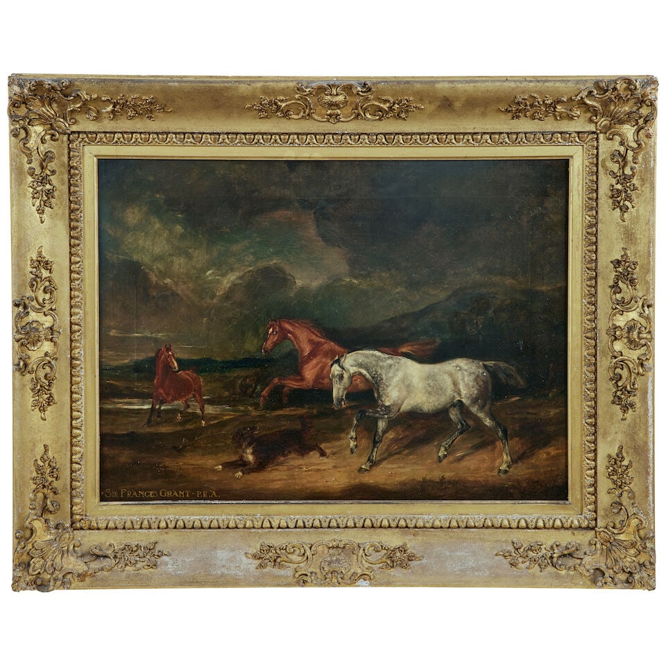 Circle of Sir Francis Grant PRA (British, 1803-1878) Stallions and a dog in a river landscape - 2