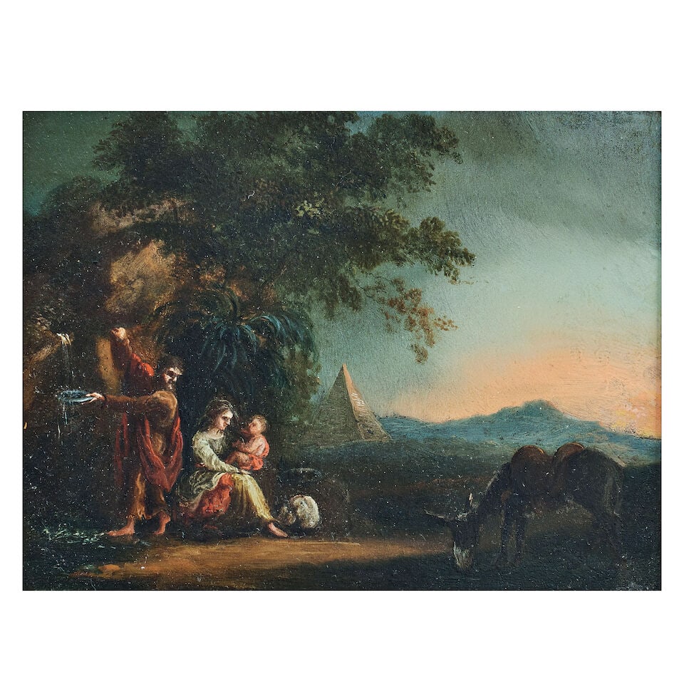 North Italian School, (Late 17th Century) Rest on the Flight into Egypt: North Italian School, (Late 17th Century) Rest on the Flight into Egypt oil on slate 17.1 x 22.1cm (6 3/4 x 8 11/16in). For further information on this lot please visit Bonhams.com For further