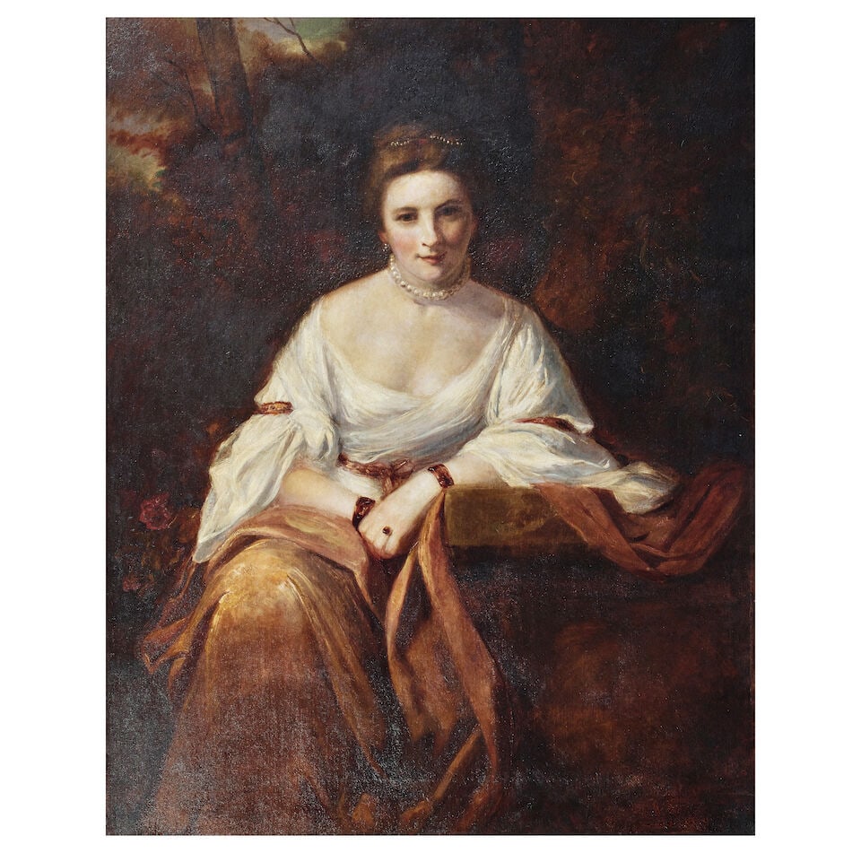 After Sir Joshua Reynolds P.R.A., (19th Century) Portrait of Nellie O'Brien, three-quarter lengt...: After Sir Joshua Reynolds P.R.A., (19th Century) Portrait of Nellie O'Brien, three-quarter length, leaning against a stone wall and wearing a pink and white dress oil on canvas 124.4 x 98.9cm (49 x