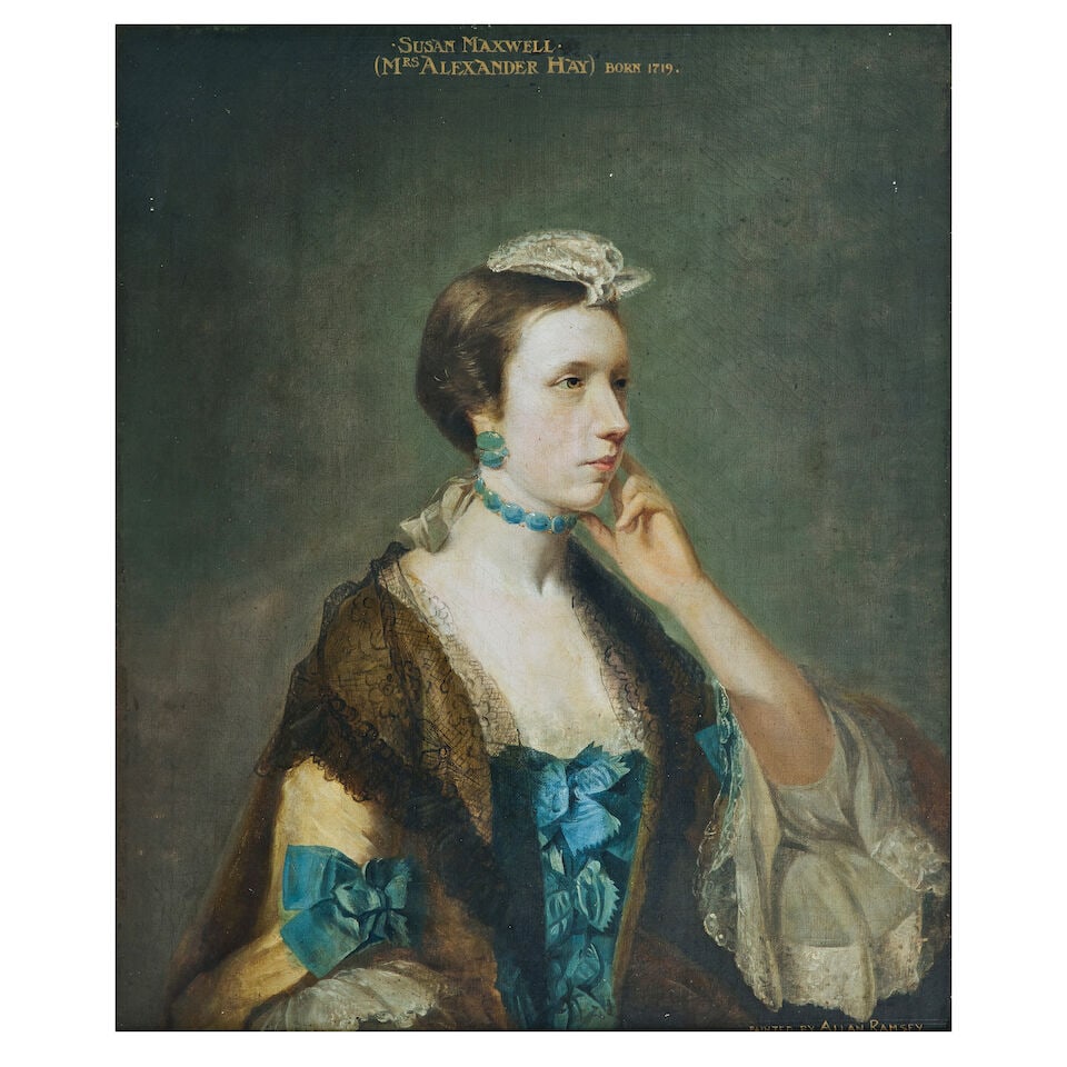 Follower of Allan Ramsay (Edinburgh 1713-1784 Dover) Portrait of Susan Maxwell, later Mrs Alexan...: Follower of Allan Ramsay (Edinburgh 1713-1784 Dover) Portrait of Susan Maxwell, later Mrs Alexander Hay, half length, in a blue-ribboned dress and black shawl bears inscription '.SUSAN MAXWELL. (MRS A
