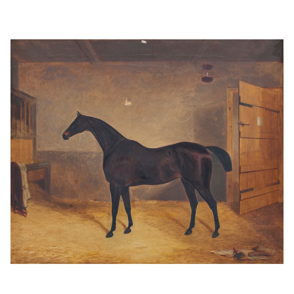British School, (19th Century) Hunter in a stable, the blanket with initial 'M': British School, (19th Century) Hunter in a stable, the blanket with initial 'M' oil on canvas 76 x 93.2cm (29 15/16 x 36 11/16in). For further information on this lot please visit Bonhams.com For