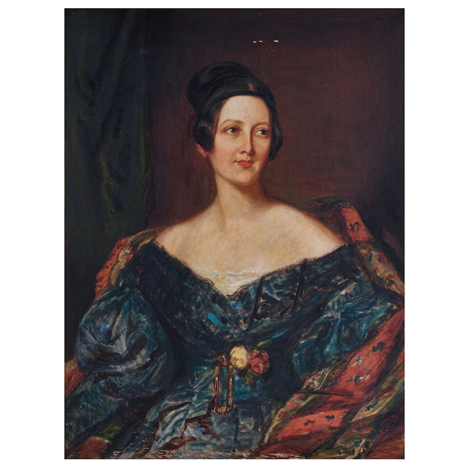 Scottish School, (Mid-19th Century) Portrait of a Louisa Cornwallis Maxwell, half-length seated,...: Scottish School, (Mid-19th Century) Portrait of a Louisa Cornwallis Maxwell, half-length seated, in a blue dress, oil on canvas 99.4 x 84cm (39 1/8 x 33 1/16in). in 19th century beaded gilt