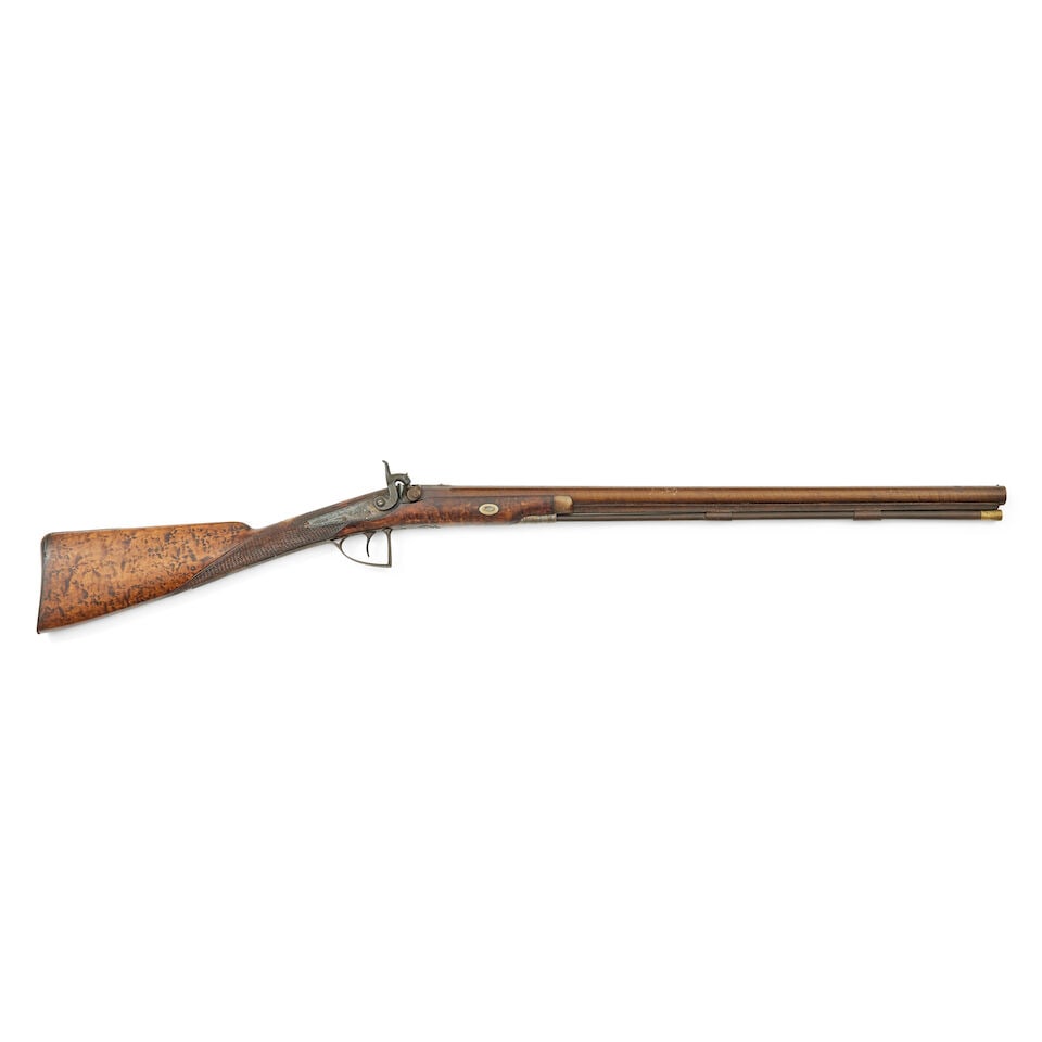 A Scottish 12-bore percussion sporting gun: A Scottish 12-bore percussion sporting gun By Alexander Martin of Glasgow, mid-19th century With rebrowned twist sighted barrel, signed back-action lock engraved with foliage, hammer decorated en
