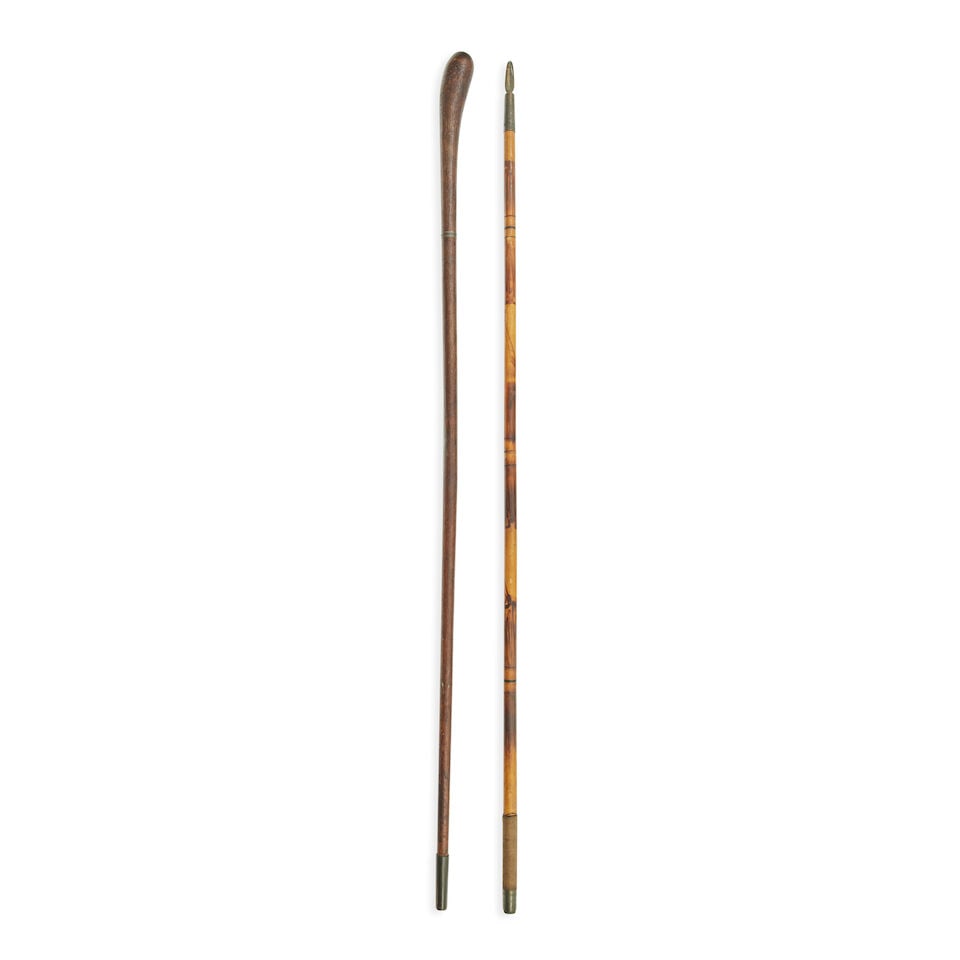 A hardwood pole staff of Sir William Maxwell of Monreith: A hardwood pole staff of Sir William Maxwell of Monreith Dated 1835 With curved root wood terminal, encircled by a white-metal band engraved 'Sir William Maxwell Bart of Monreith 1835', and with brass