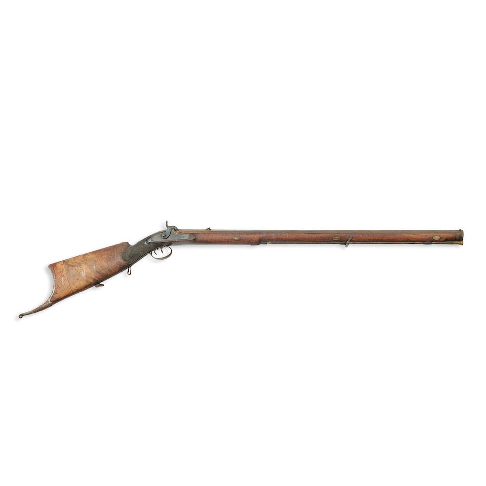 A Swiss percussion target rifle (Schuetzen): A Swiss percussion target rifle (Schuetzen) By H. Jaquet A Genevi, mid-19th century With octagonal sighted rifled barrel signed in an oval gold cartouche, plain flat lock, double set trigger, full sto