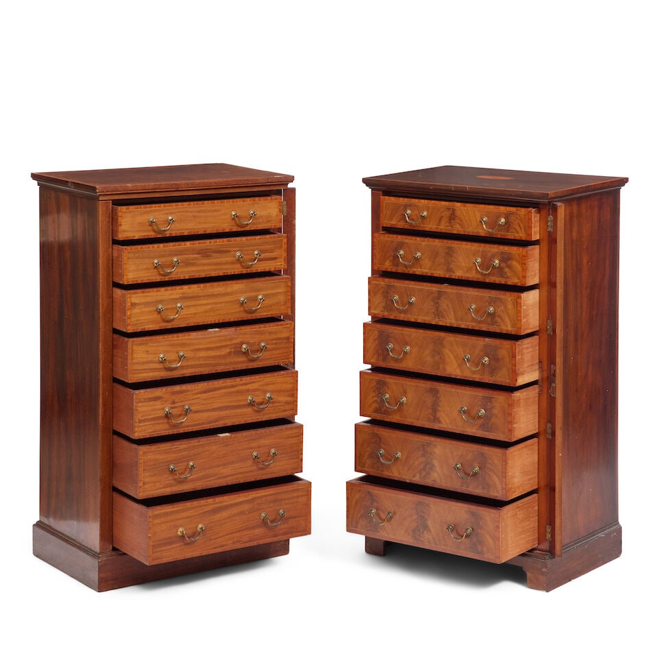 A pair of Edwardian mahogany, satinwood banded and boxwood strung Wellington chests Late 19th / ... - 3