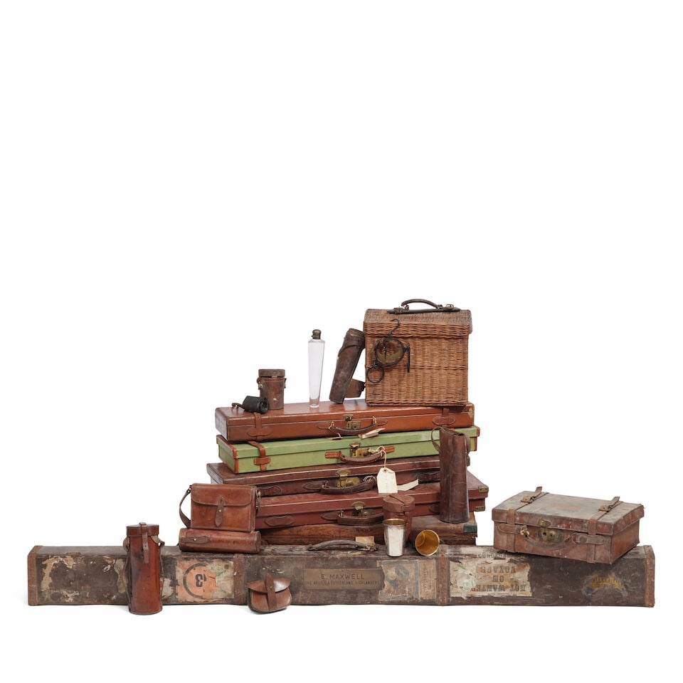 A large collection of sporting accessories 20th century and earlier (15): A large collection of sporting accessories 20th century and earlier Comprising a pine rod case with applied brass label engraved 'E. Maxwell The Argyll & Sutherland Highlanders'; a leather-covered