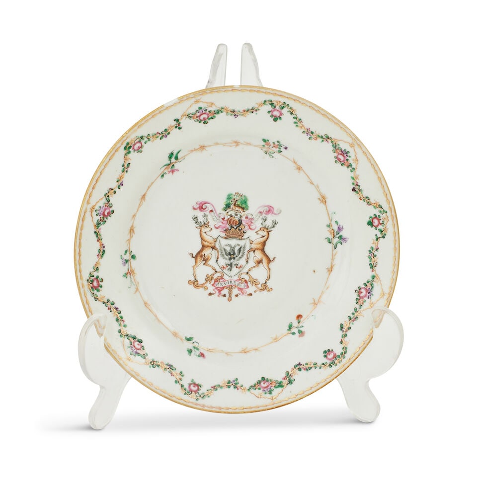 An 18th century Chinese famille rose armorial side plate: An 18th century Chinese famille rose armorial side plate Decorated with the arms of William, 6th Earl of Nithsdale 16.2cm diameter. Footnotes: The 6th Earl's father is legendary for his dramatic