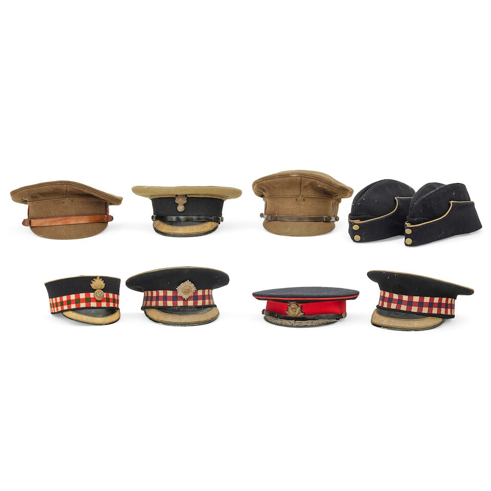 Nine various Scottish Military peaked caps and headgear (9): Nine various Scottish Military peaked caps and headgear Comprising two Scots Guards officer's caps (one lacking cap badges), both with label of 'Edward Smith, 25 Cork Street, Bond Street, London by