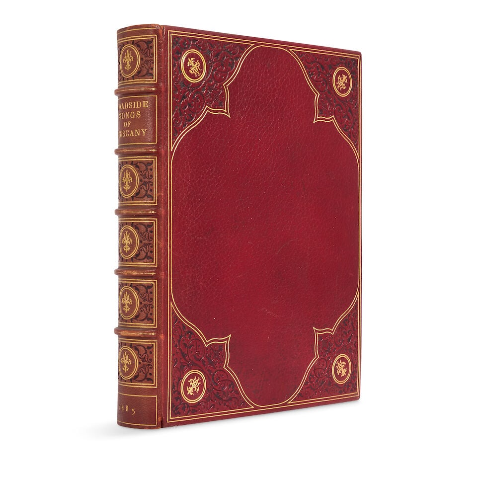 BINDING RUSKIN (JOHN) Roadside Songs of Tuscany, FIRST EDITION, Orpington, George Alle...: BINDING RUSKIN (JOHN) Roadside Songs of Tuscany, FIRST EDITION, half-title, 20 plates mounted on card, light spotting and occasional offsetting, gift inscription on front free endpaper,