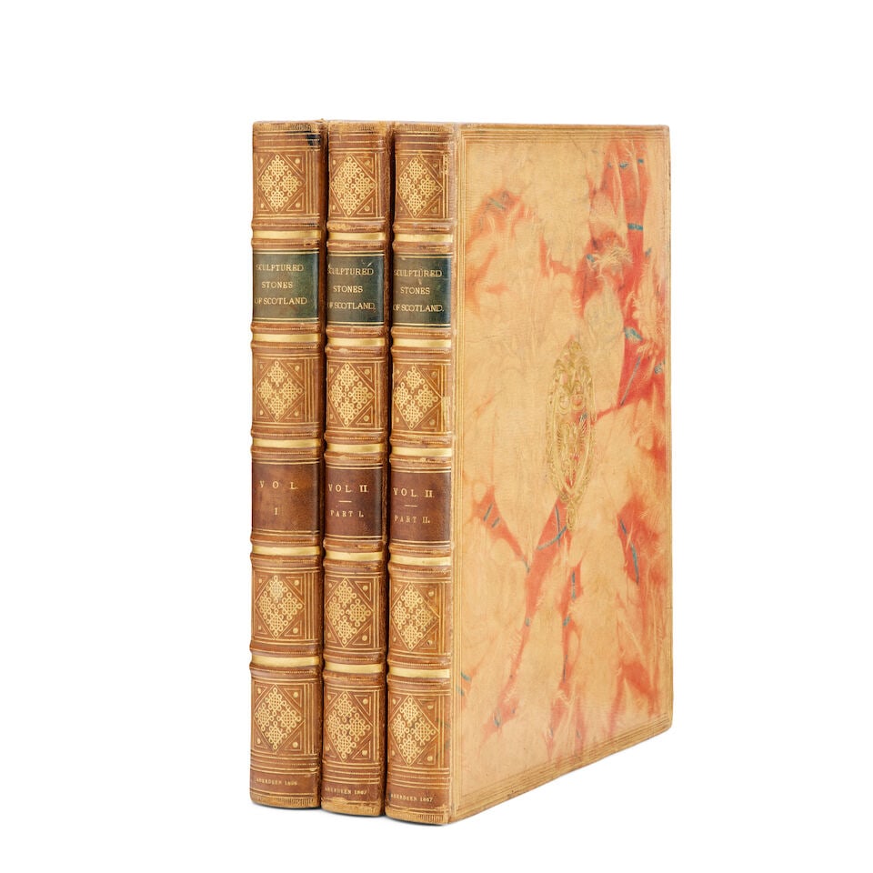 STUART (JOHN) Sculptured Stones of Scotland, 2 vol. in 3, Aberdeen, Spalding...: STUART (JOHN) Sculptured Stones of Scotland, 2 vol. in 3, some foxing, full mottled morocco with gilt emblem on sides, folio, Aberdeen, Spalding Club, 1856-1867 This lot is subject