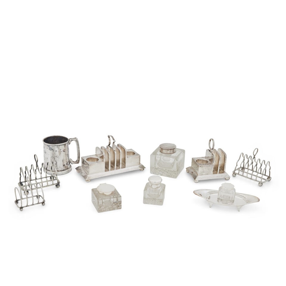 A collection of table silver and electroplated items Various makers and dates (10): A collection of table silver and electroplated items Various makers and dates Comprising three silver-capped glass inkwells, the largest, Birmingham, 1906, the cover engraved 'Aymer 1909', 10 x 10cm,;