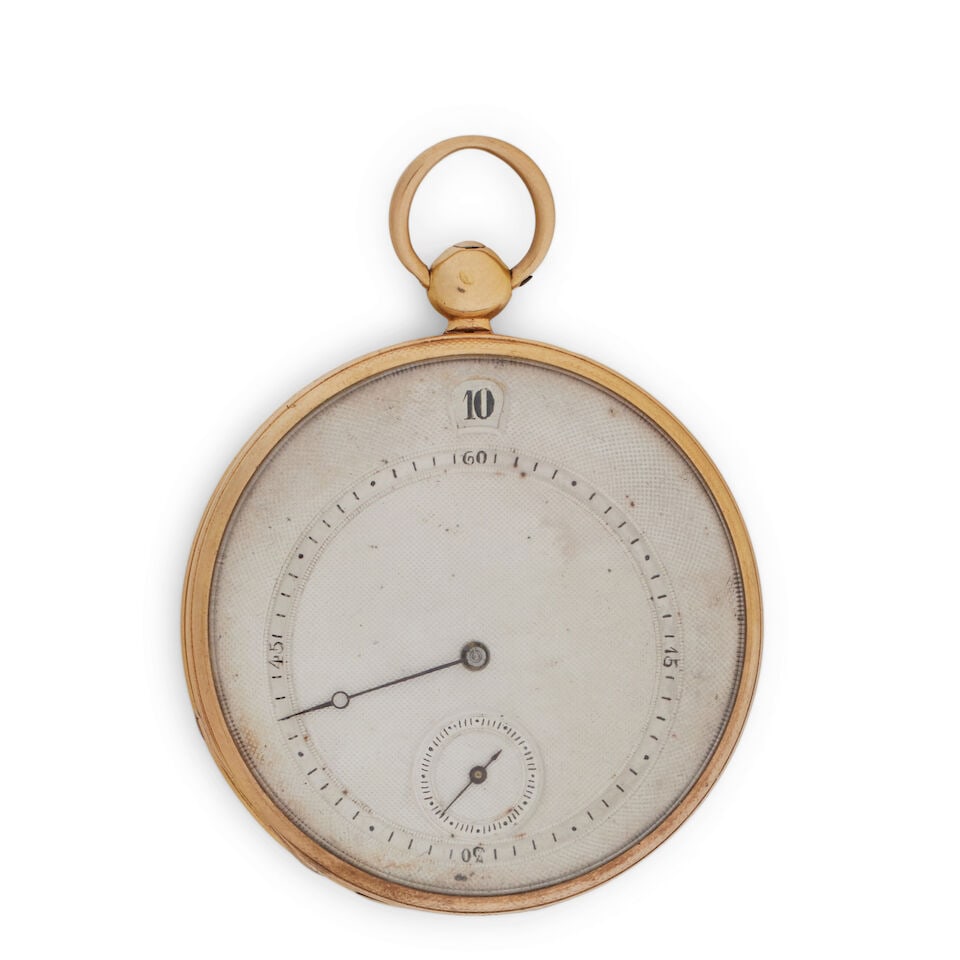 An early 19th century open face key wind pocket watchCirca 1820s: An early 19th century open face key wind pocket watch Date: Circa 1820s Movement: Unsigned cylinder bar movement Dial: Silver engine-turned, aperture at 12 for hours, smalls seconds at 6 Case: