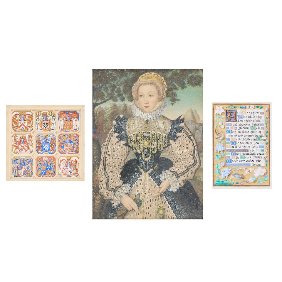 Sir Herbert Maxwell (British, 1845-1937) A panel of nine armorials (together with an illuminated...: Sir Herbert Maxwell (British, 1845-1937) A panel of nine armorials with Maxwell 'Reviresco' top centre signed to the mount 'Herbert Maxwell...' gouache 16 x 16cm (6 5/16 x 6 5/16in). together with an