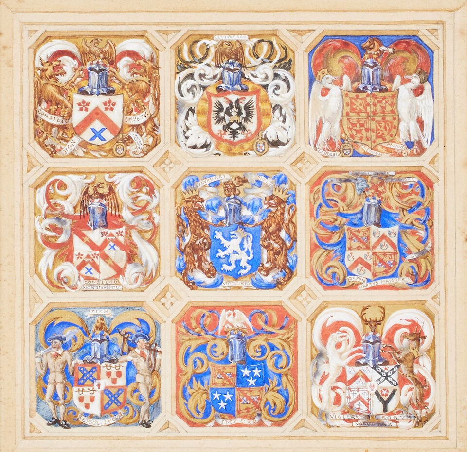 Sir Herbert Maxwell (British, 1845-1937) A panel of nine armorials (together with an illuminated... - 3