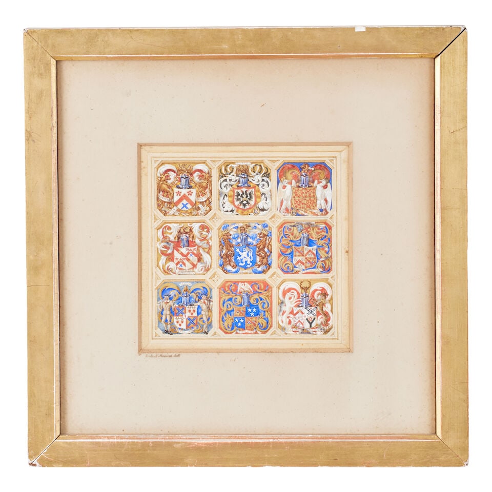 Sir Herbert Maxwell (British, 1845-1937) A panel of nine armorials (together with an illuminated... - 6