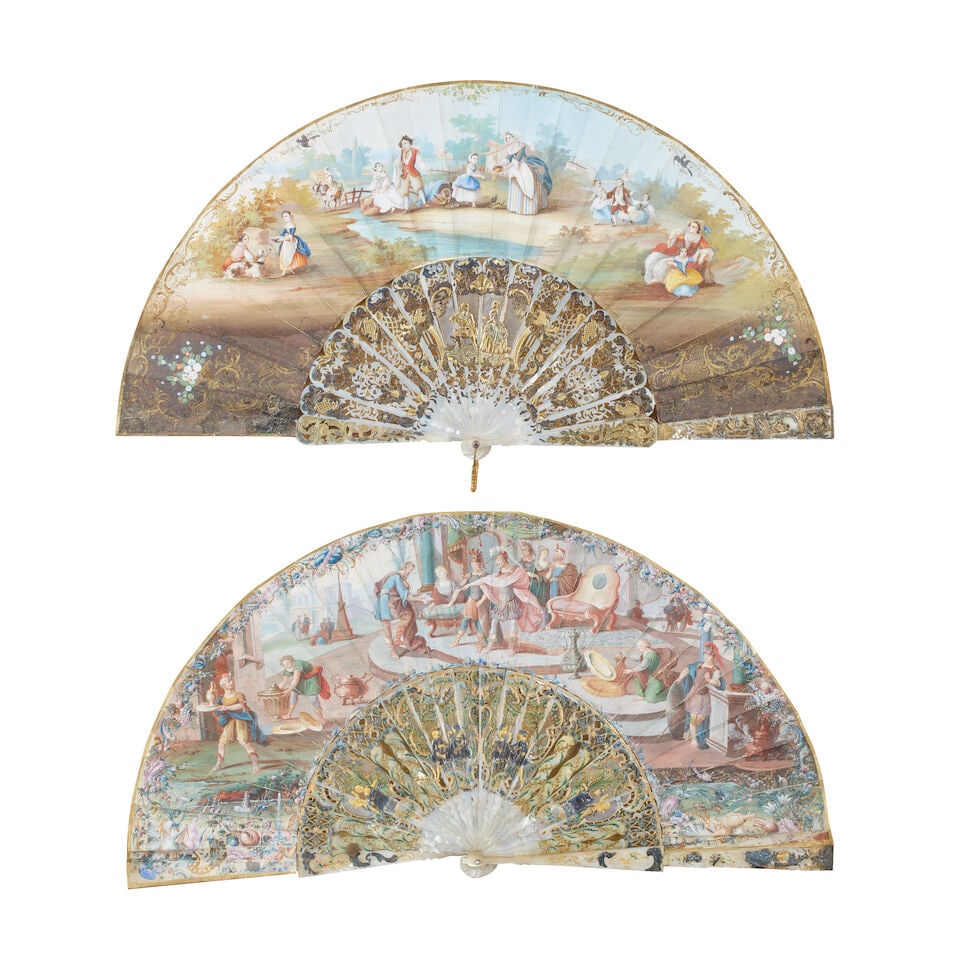 Four cased Continental folding marriage fans Possibly Italian, circa 1800: Four cased Continental folding marriage fans Possibly Italian, circa 1800 All with painted figure panels, the first with Roman court scene, the second with figurative country scene, the third with
