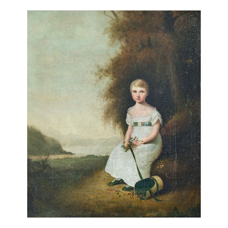 Scottish School (early 19th century) Portrait of a Shaw-Stewart child, seated full length, in a ...: Scottish School (early 19th century) Portrait of a Shaw-Stewart child, seated full length, in a white dress, gathering flowers in a landscape identified on hand-written label (verso) oil on canvas 39