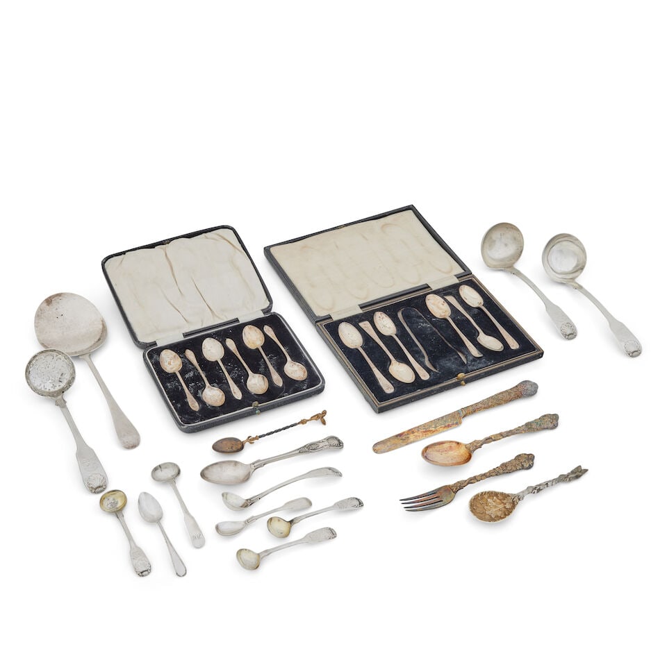 A collection of silver flatware Various makers and dates (qty): A collection of silver flatware Various makers and dates Including a silver-gilt knife spoon and fork set, Francis Higgins II, London, 1848, decorated in relief in naturalistic manner with fruiting vi