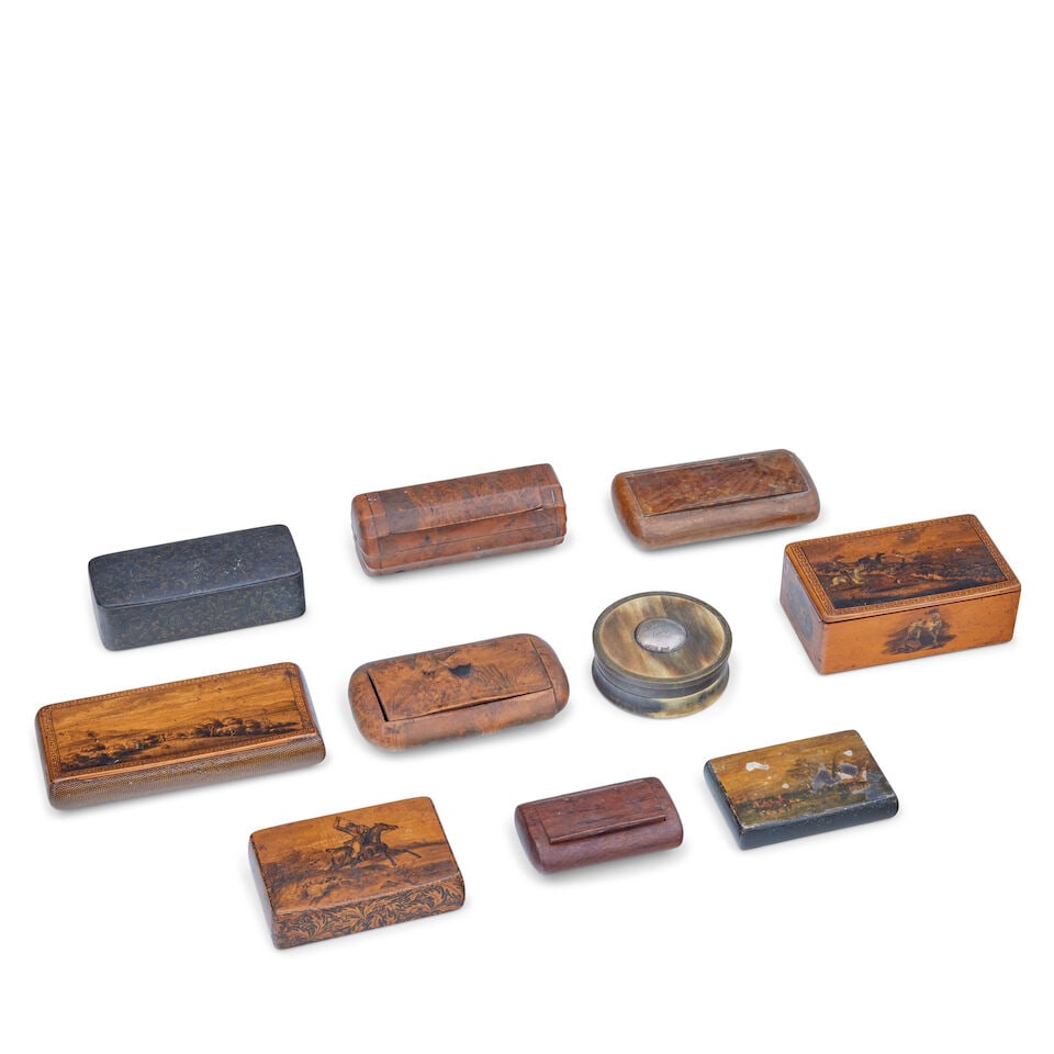 A group of ten 19th and early 20th century snuff boxes (10): A group of ten 19th and early 20th century snuff boxes Including five penwork examples including one with a depiction of horse racing, another with a tower in a landscape, stamped Smith Mauchline,