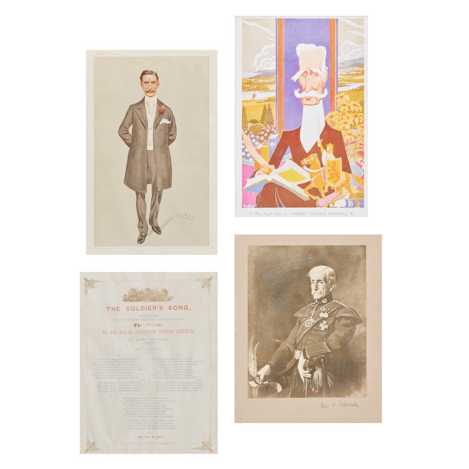 A 'Spy' Vanity Fair print of Herbert Maxwell 'Wigtownshire', from the publication dated Sept 28t...: A 'Spy' Vanity Fair print of Herbert Maxwell 'Wigtownshire', from the publication dated Sept 28th 1893, glazed both sides; two other Herbert Maxwell images and 'The Soldier's Song' by Lady Maxwell of