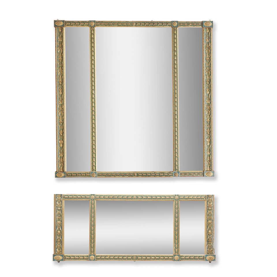 A large painted and carved giltwood and gesso pier mirror 19th century and adapted: A large painted and carved giltwood and gesso pier mirror 19th century and adapted Later separated into two mirrors, with six plates enclosed by a trailing bell flower decorated frame, 194cm wide x 6.